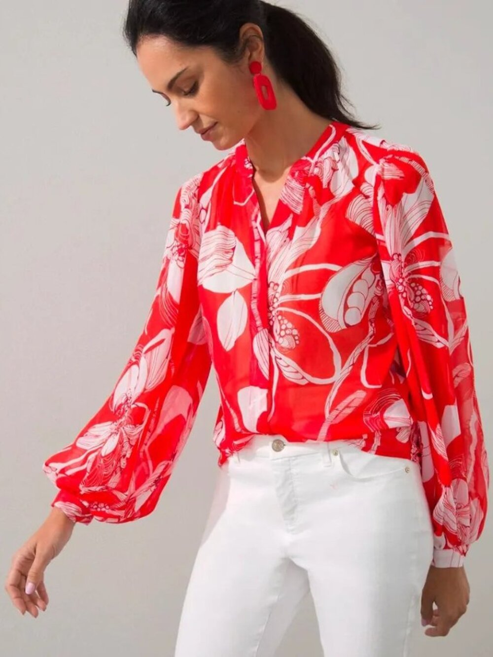 Chico's Orange White Floral Sheer Button Down Blouse Size XL